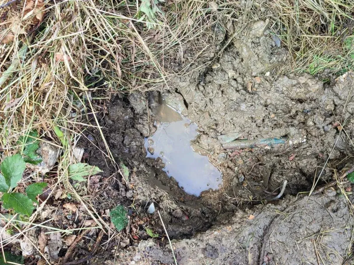 Hole dug in overgrown ground, filled with muddy water around the exposed pipe